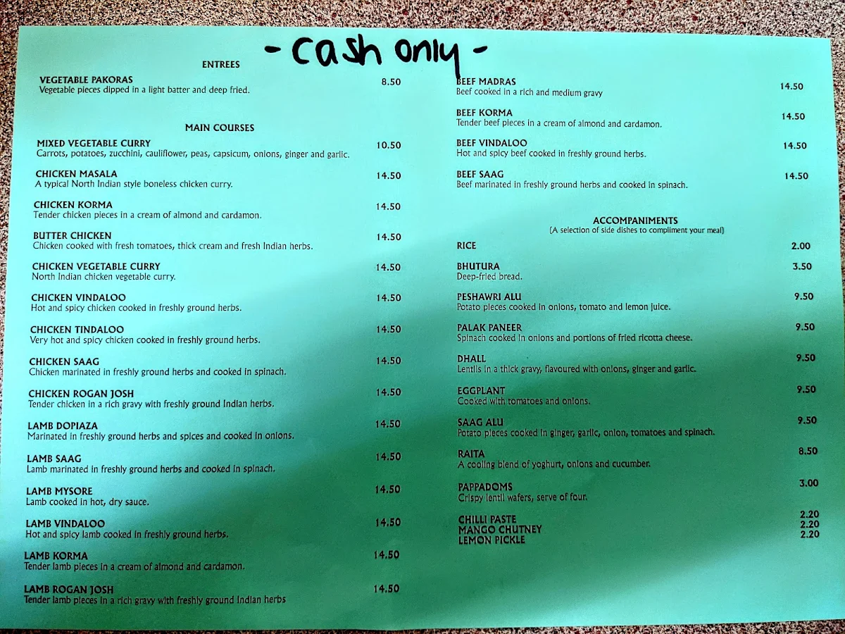 Menu, Sitar Indian Takeaway