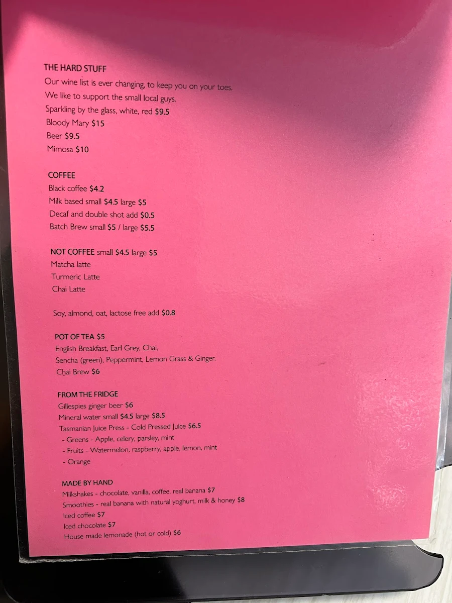 Menu, Criterion Street Cafe