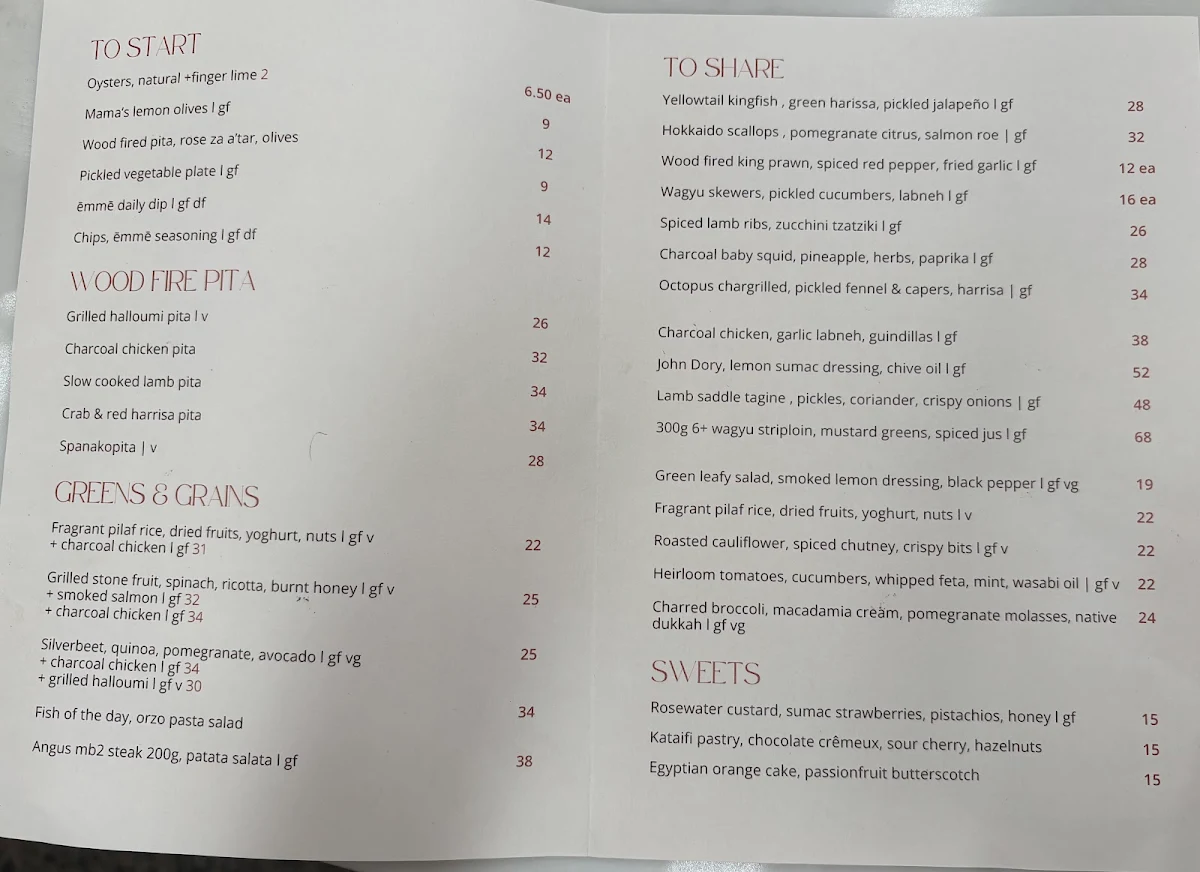 Menu, Emme James Street