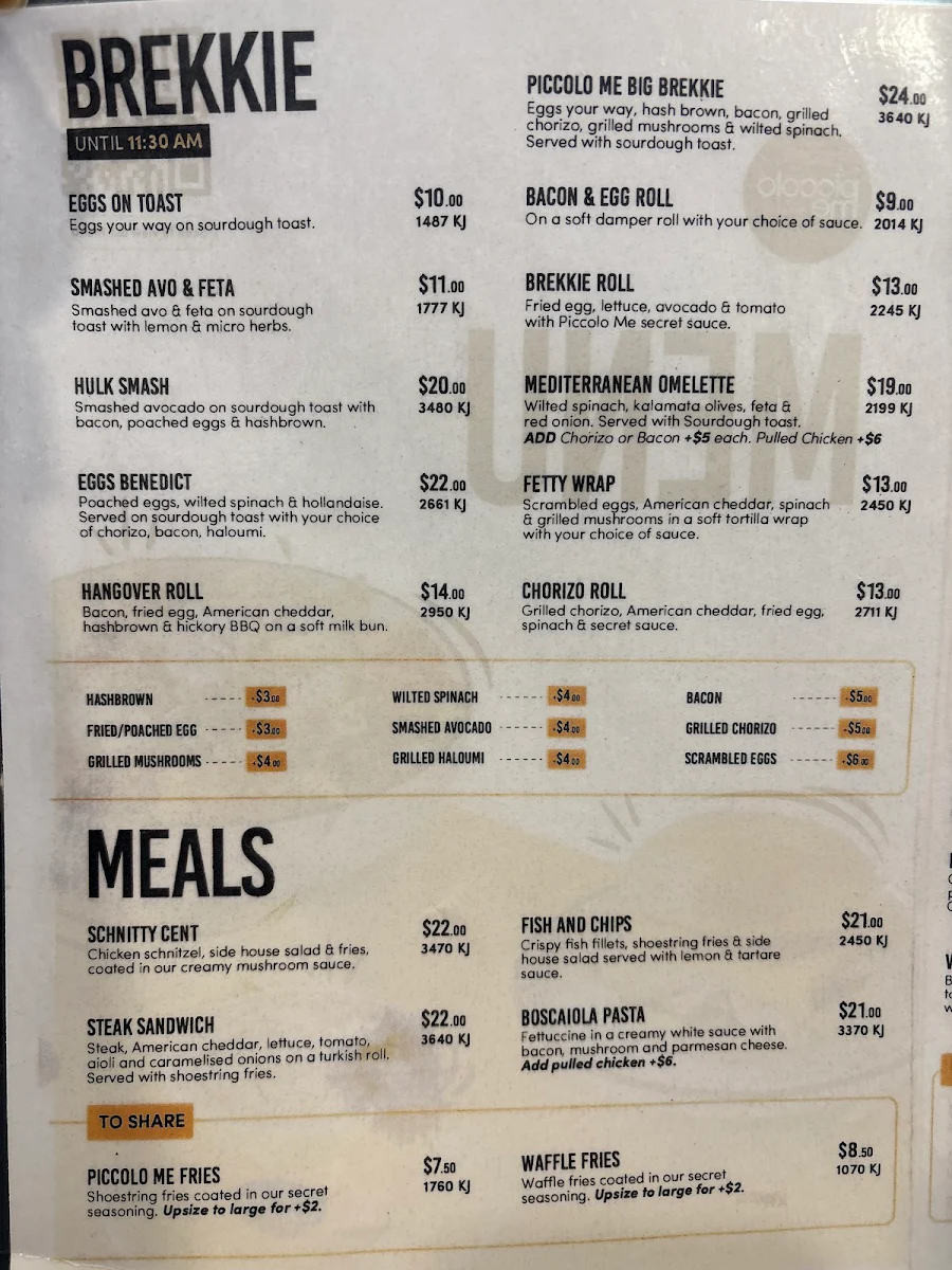Menu, Piccolo Me Silverwater