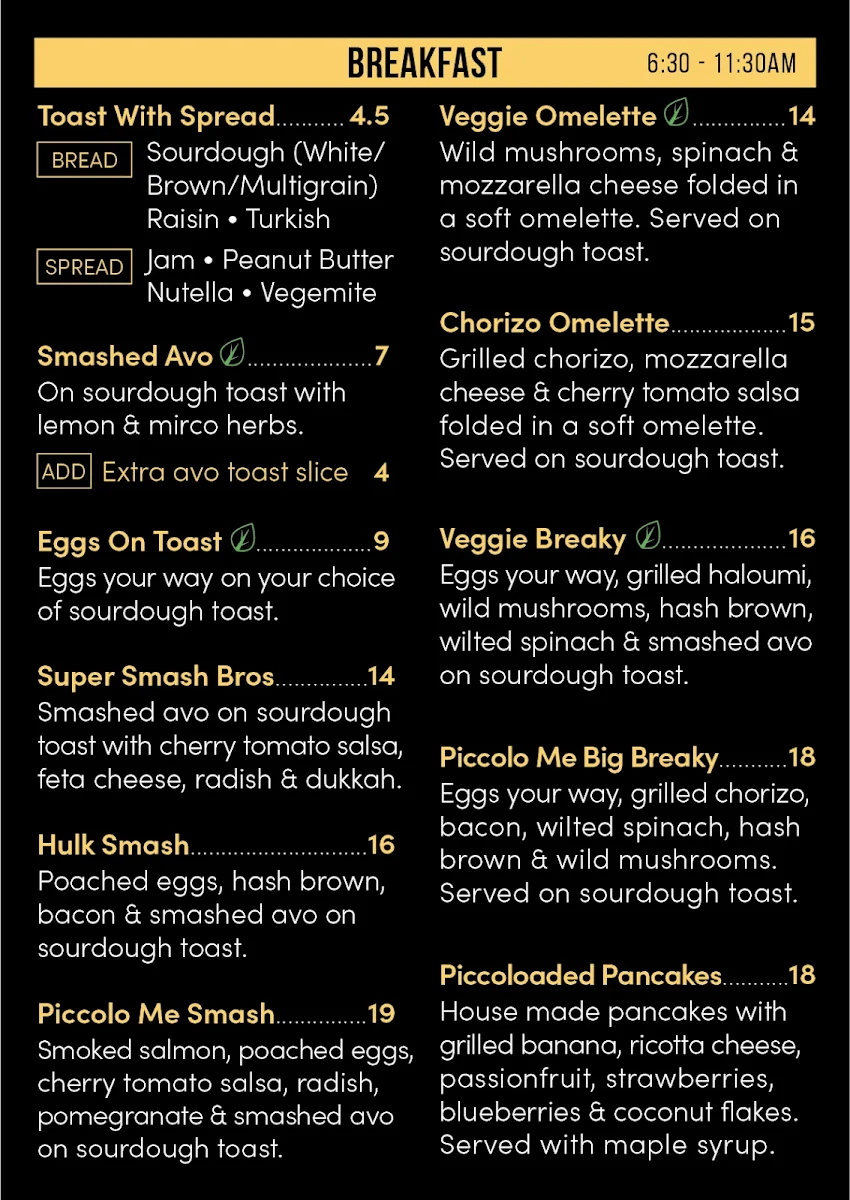 Menu, Piccolo Me Silverwater