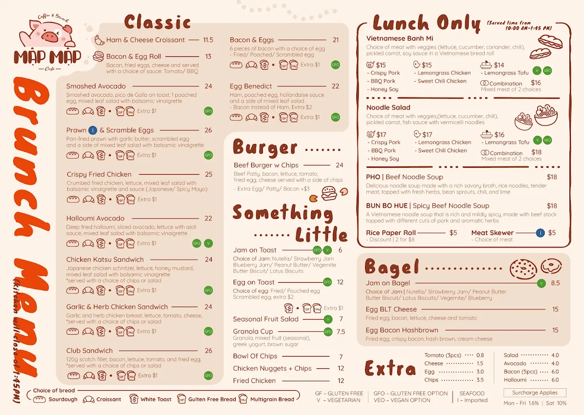 Menu, Mập Mập Cafe - The Piggy Coffee | Coffee, Brunch, Bánh mì, Phở
