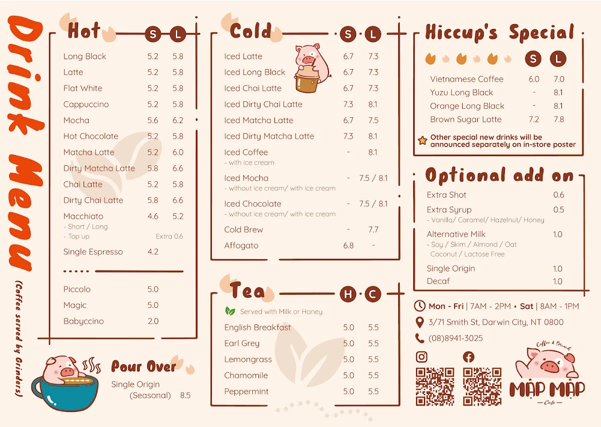 Menu, Mập Mập Cafe - The Piggy Coffee | Coffee, Brunch, Bánh mì, Phở
