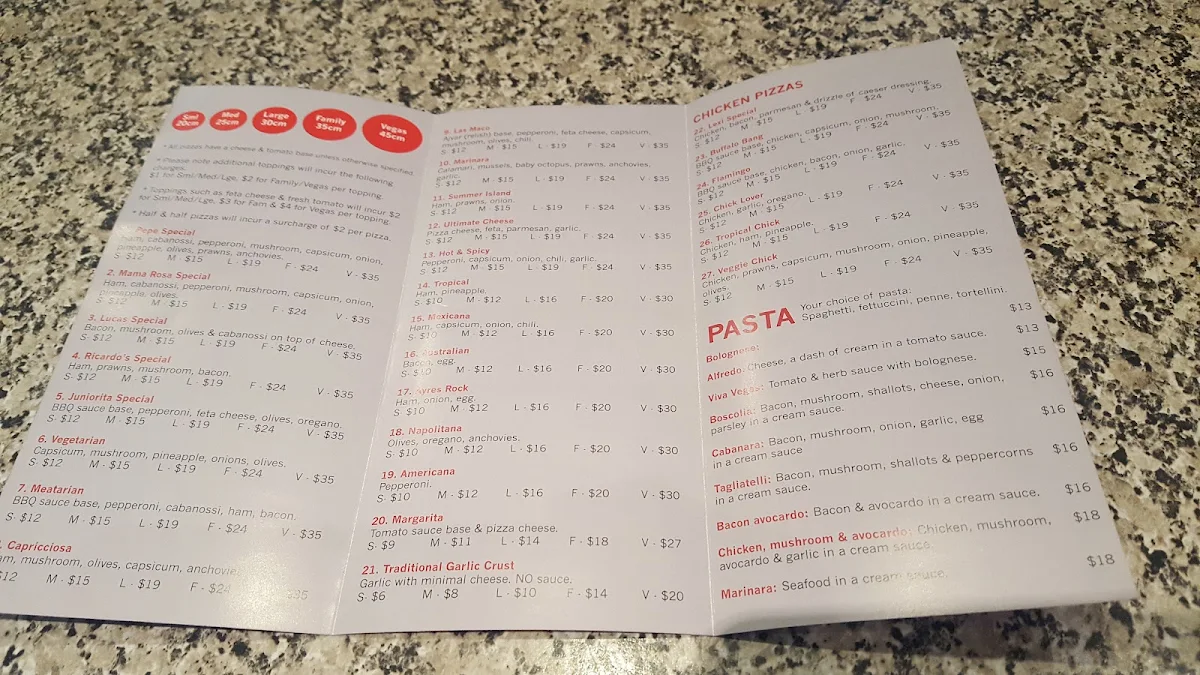 Menu, Las Vegas Pizza Restaurant