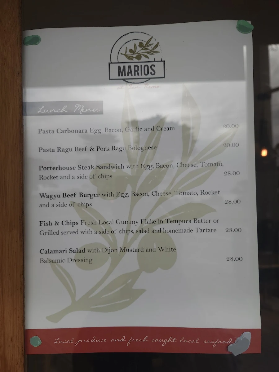 Menu, Mario's at San Remo