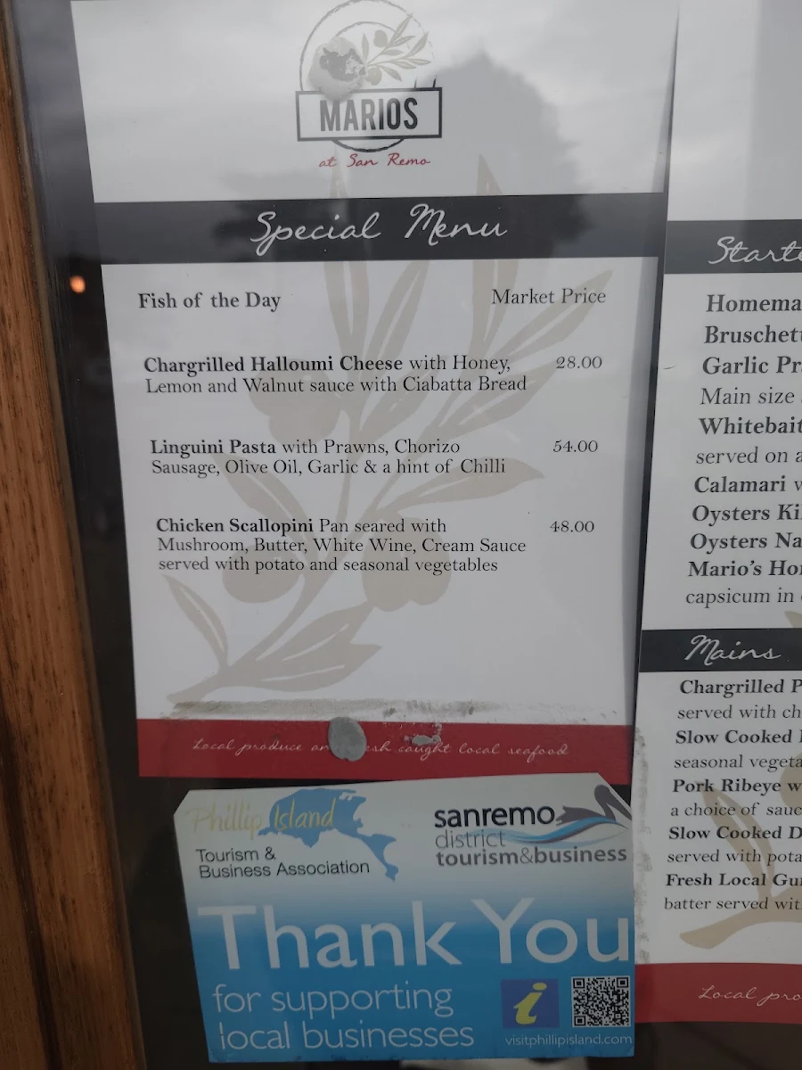 Menu, Mario's at San Remo