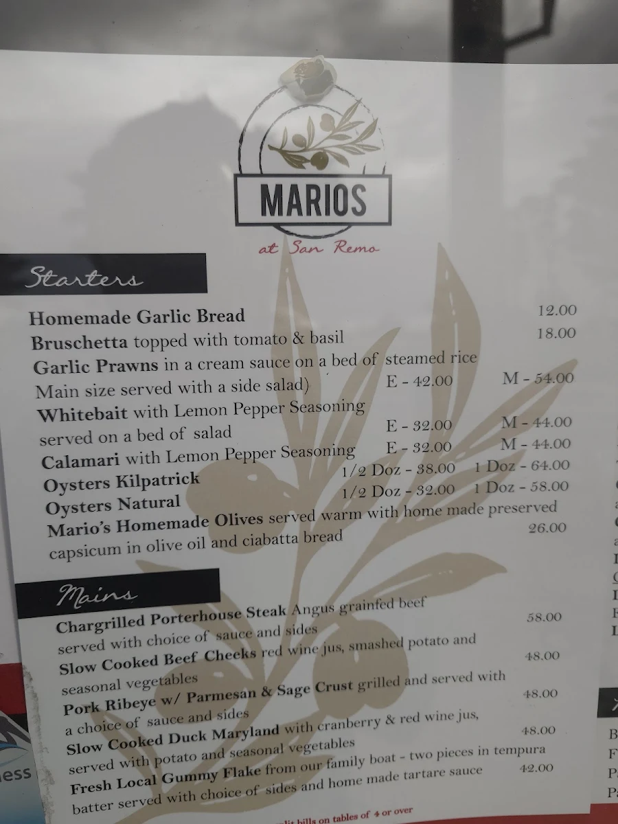 Menu, Mario's at San Remo
