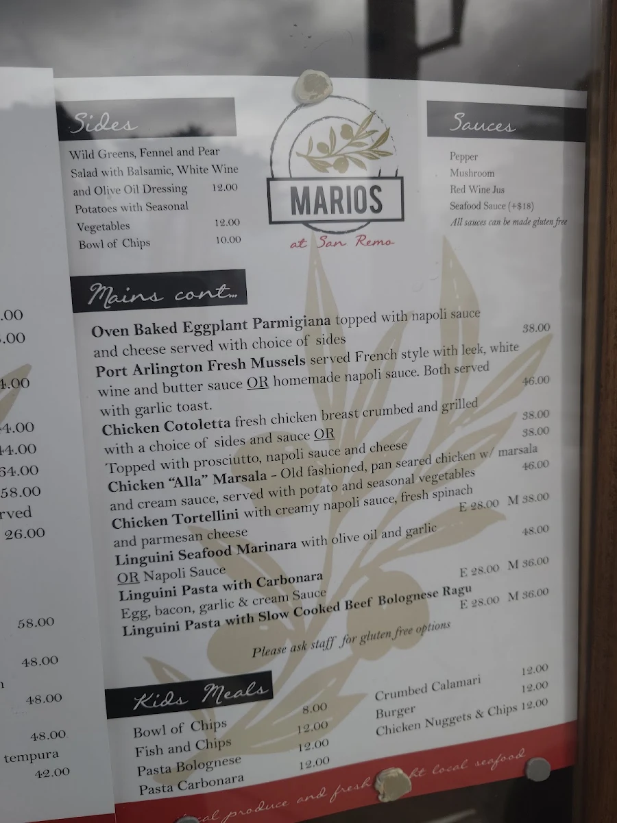 Menu, Mario's at San Remo