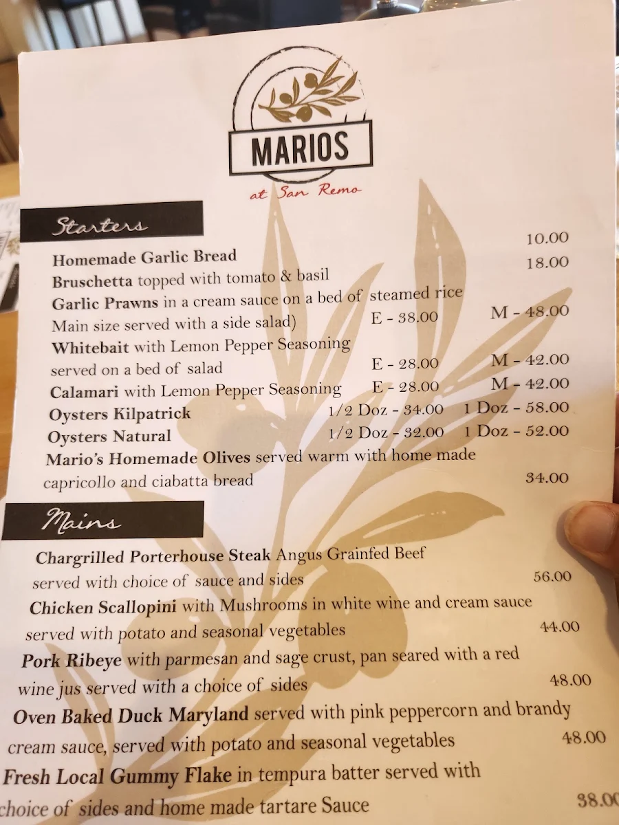 Menu, Mario's at San Remo