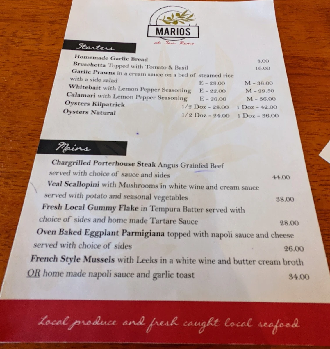 Menu, Mario's at San Remo