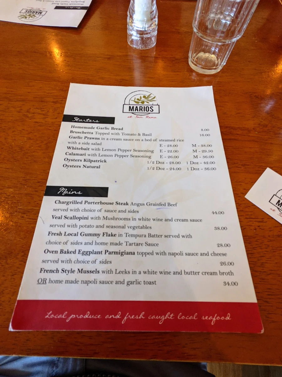 Menu, Mario's at San Remo