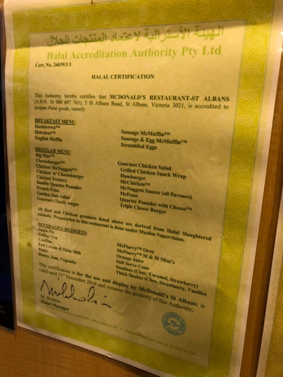 Menu, McDonald's St Albans