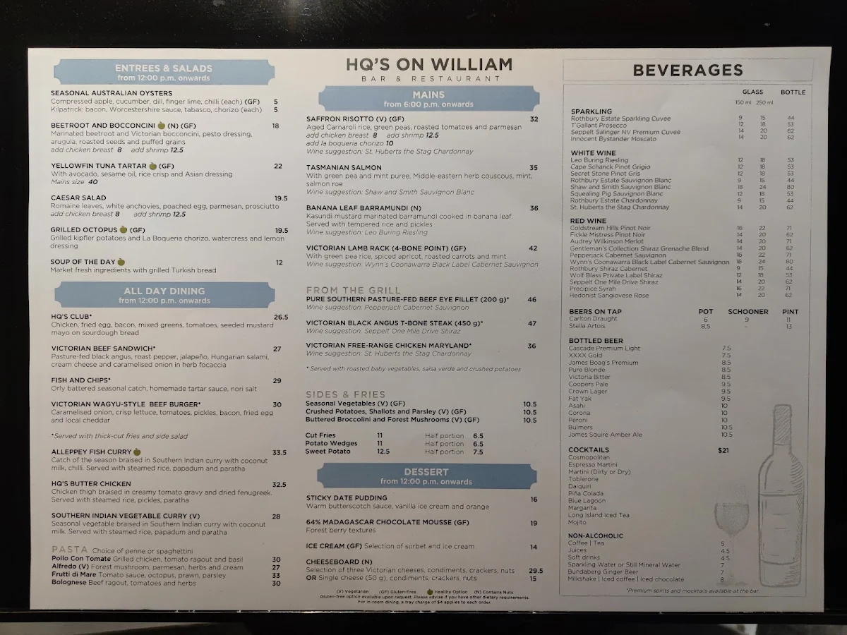 Menu, HQ's on William Restaurant and Bar