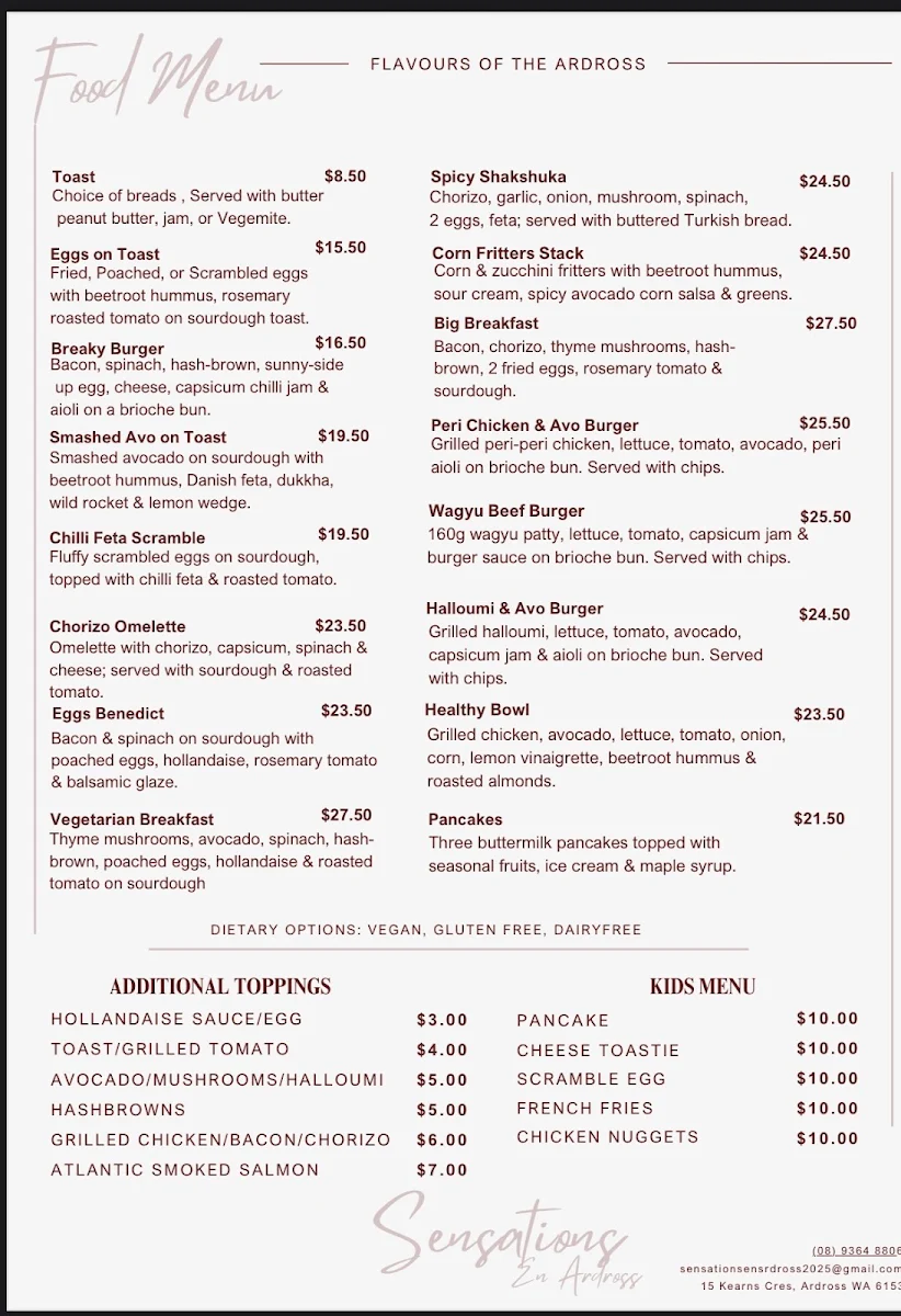 Menu, Sensations en Ardross