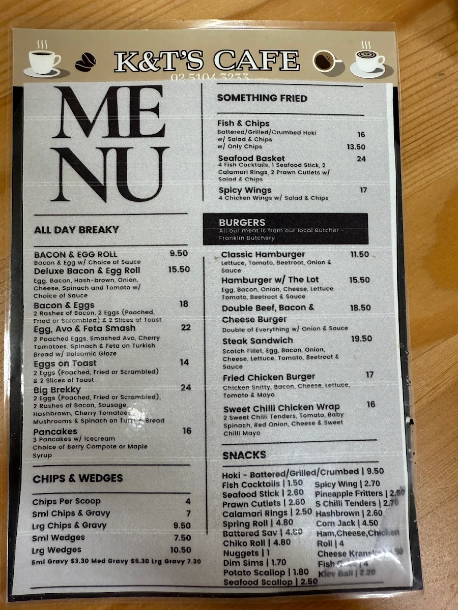 Menu, K&T's Cafe