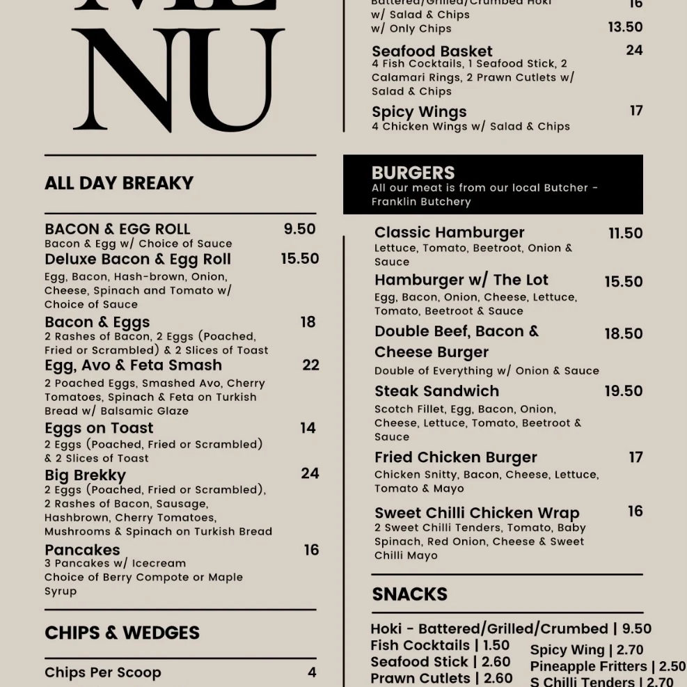 Menu, K&T's Cafe