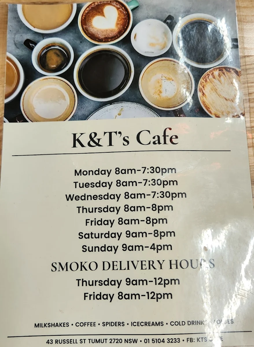 Menu, K&T's Cafe