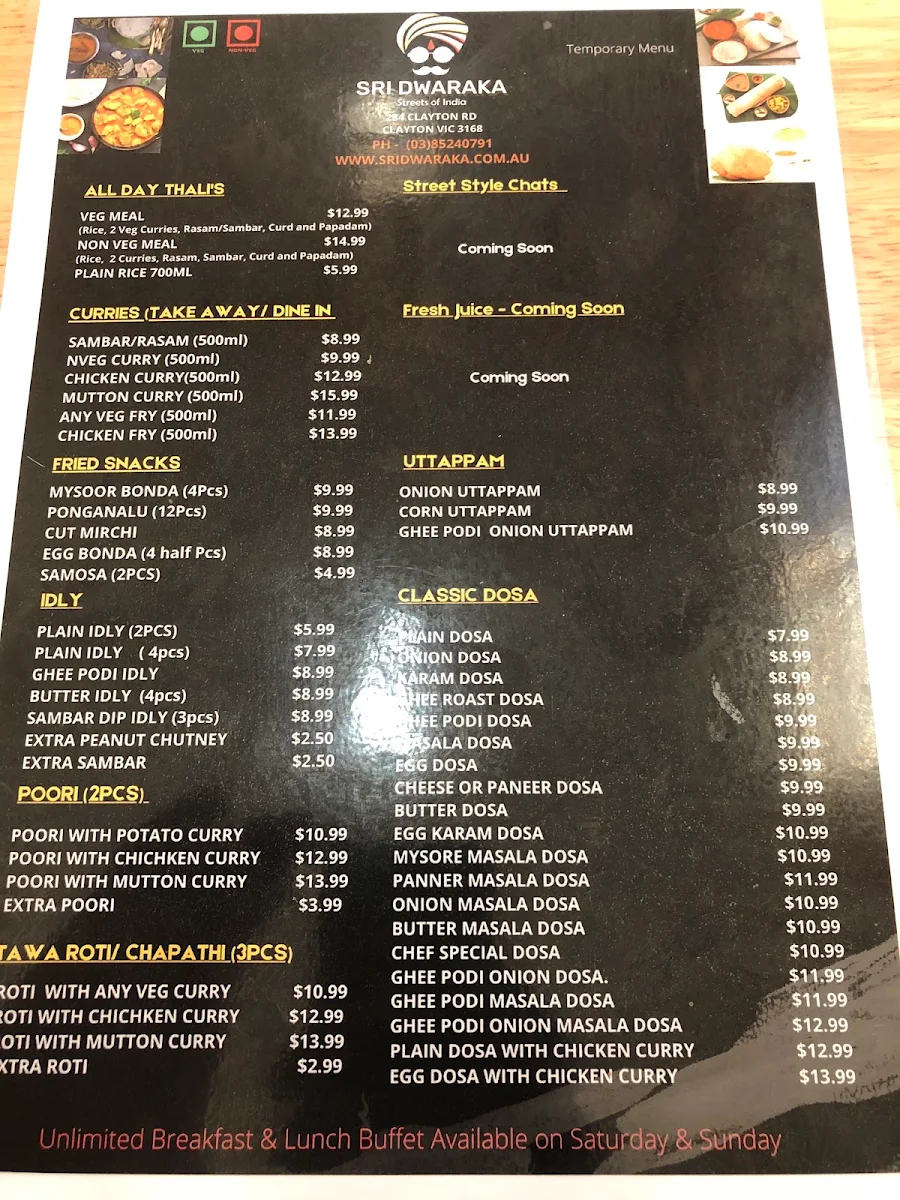 Menu, Sri Dwaraka, Clayton