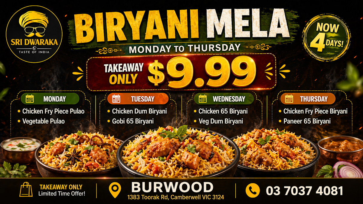 Menu, Sri Dwaraka, Clayton