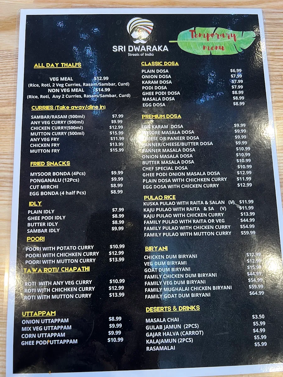 Menu, Sri Dwaraka, Clayton