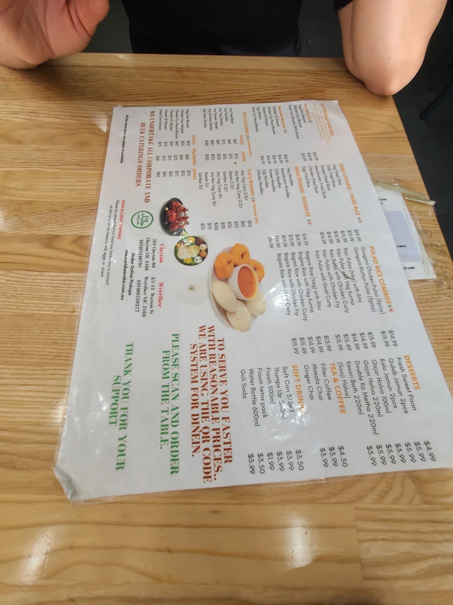 Menu, Sri Dwaraka, Clayton