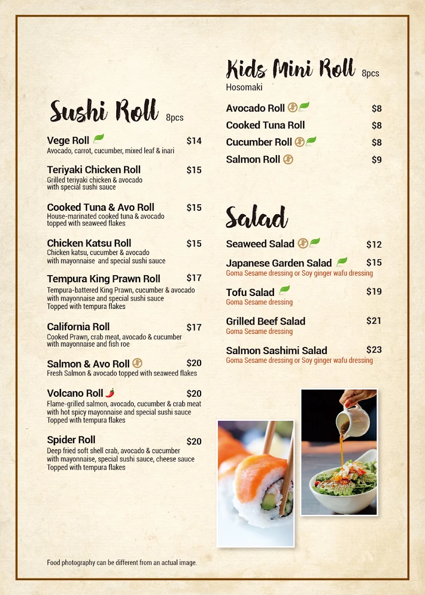 Menu, Inakaya Japanese restaurant