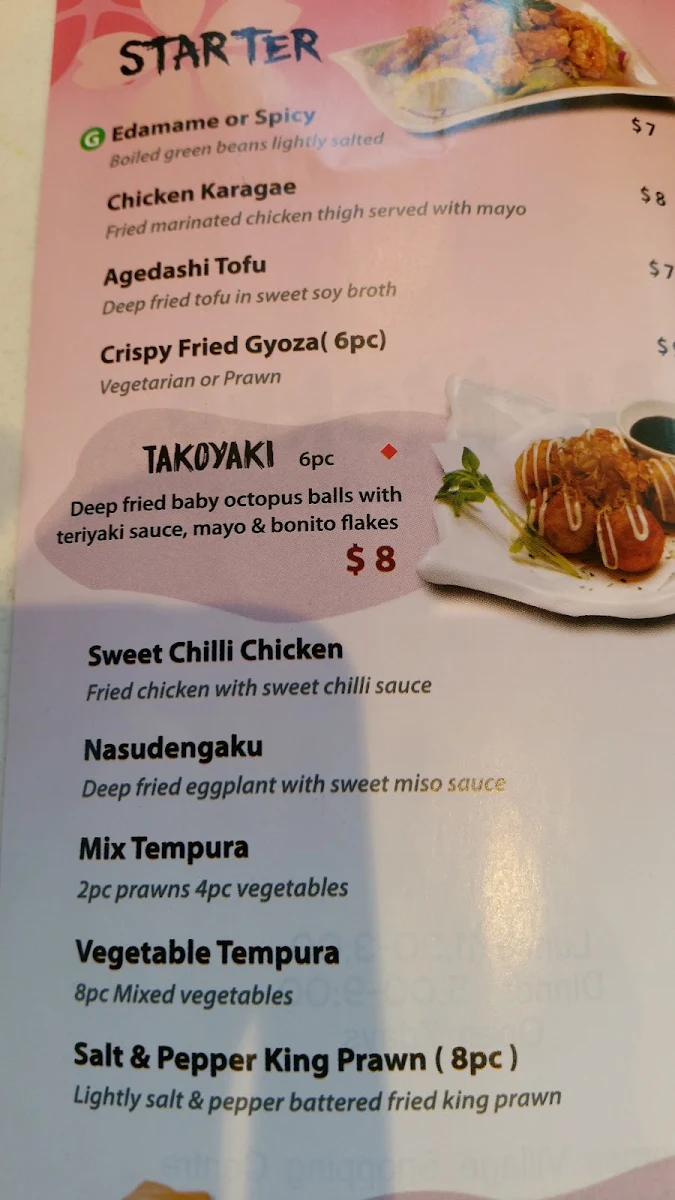 Menu, Inakaya Japanese restaurant