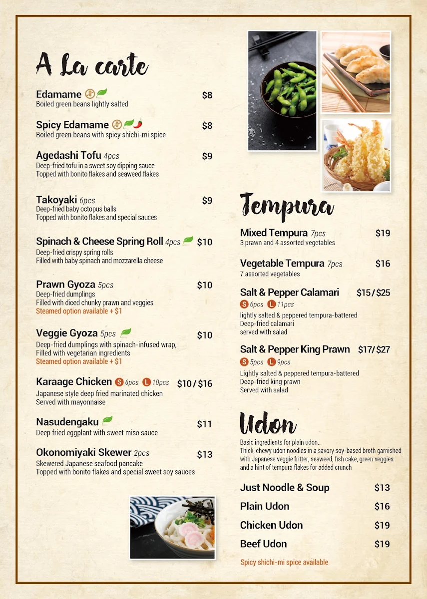 Menu, Inakaya Japanese restaurant
