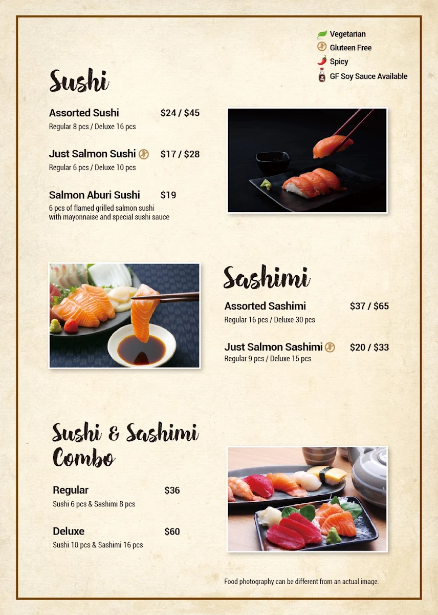 Menu, Inakaya Japanese restaurant