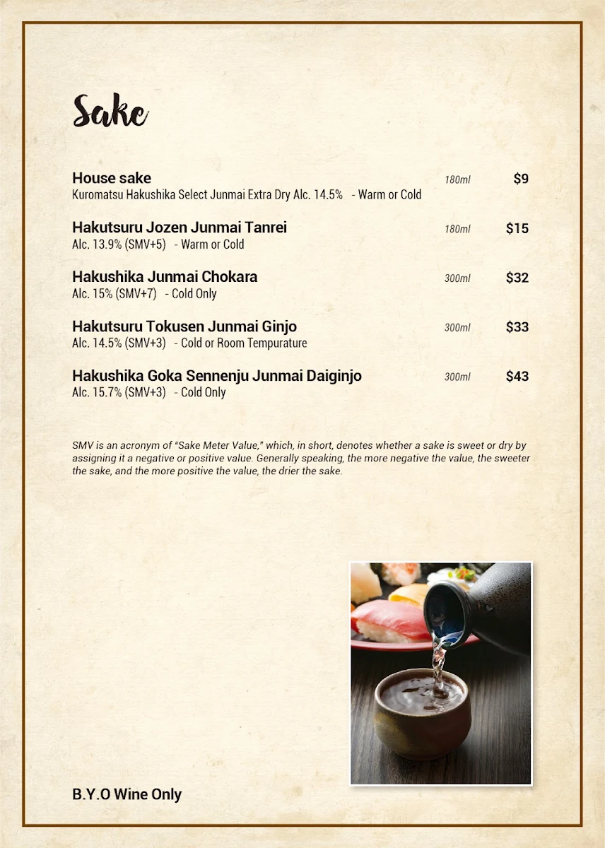 Menu, Inakaya Japanese restaurant