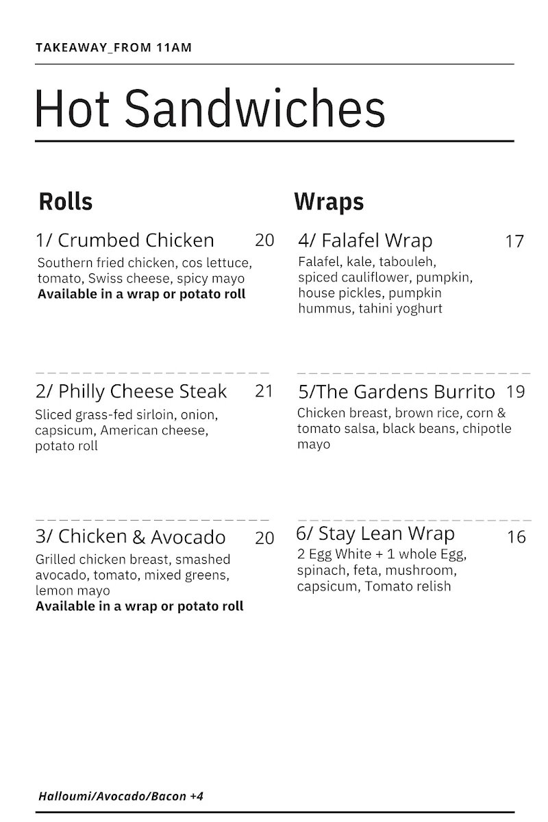 Menu, The Gardens 259
