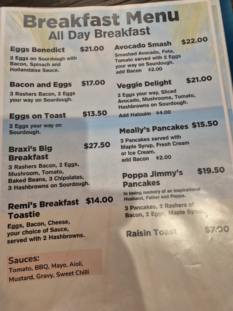 Menu, Remis by the bay cafe and carvery