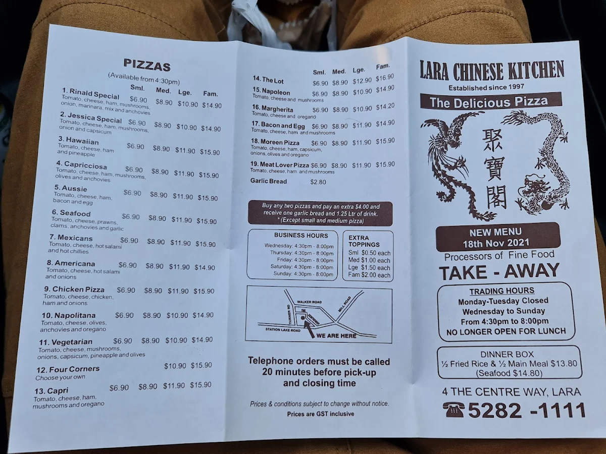 Menu, Lara Chinese Kitchen & Delicious Pizza