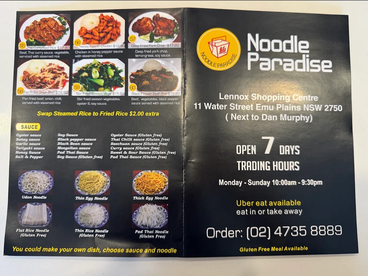 Menu, Noodle Paradise