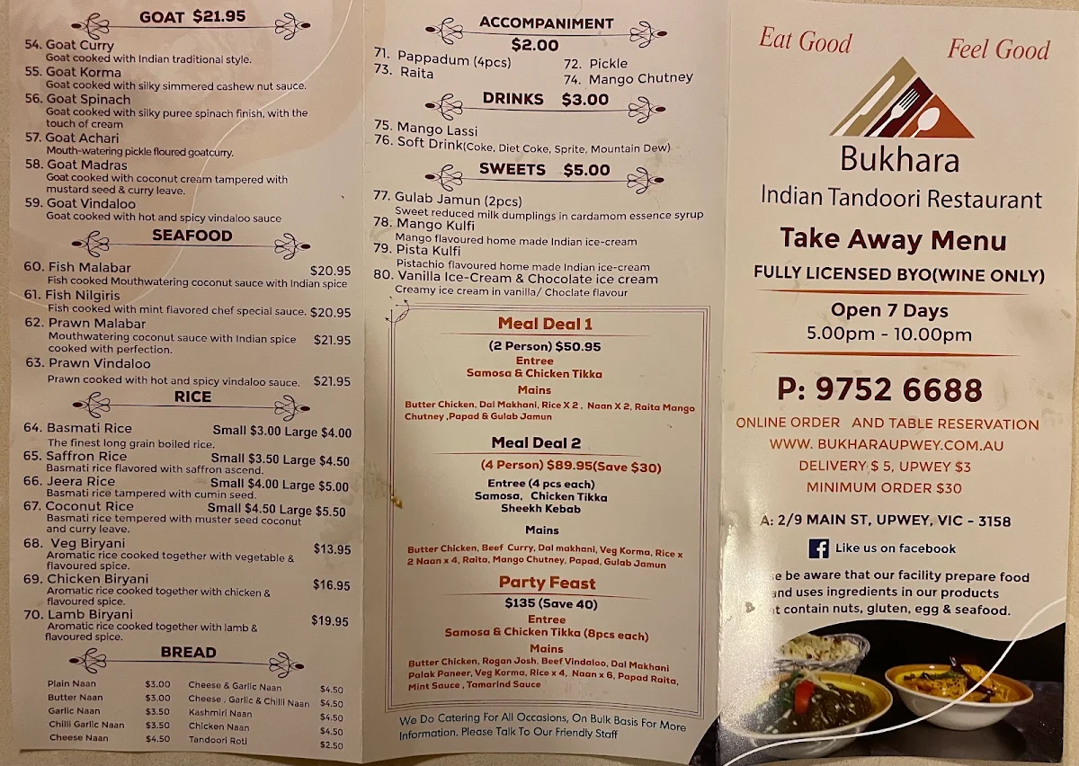 Menu, Bukhara Indian Tandoori Restaurant