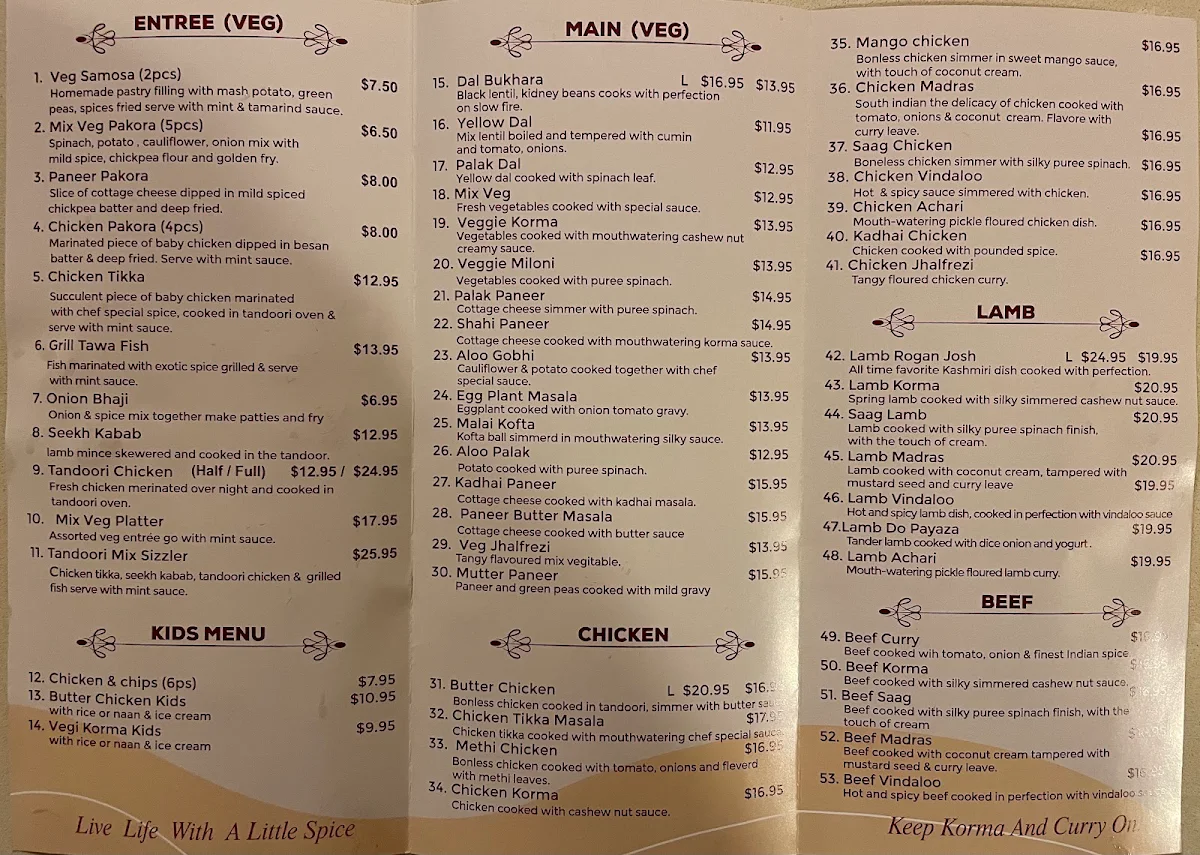 Menu, Bukhara Indian Tandoori Restaurant