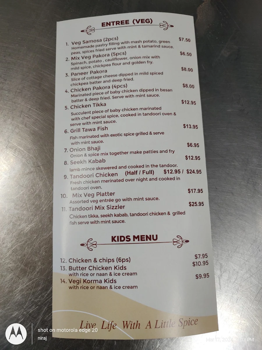 Menu, Bukhara Indian Tandoori Restaurant