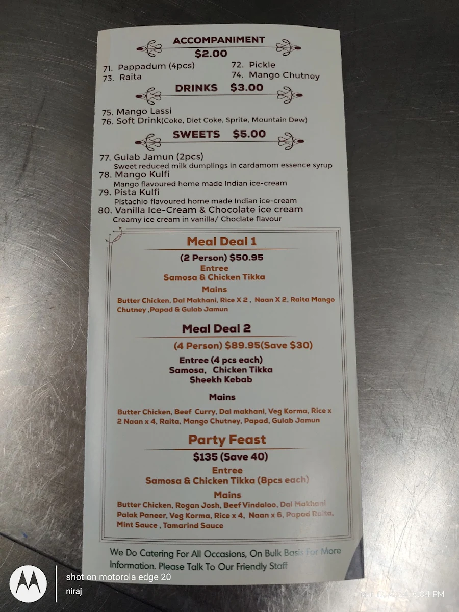 Menu, Bukhara Indian Tandoori Restaurant