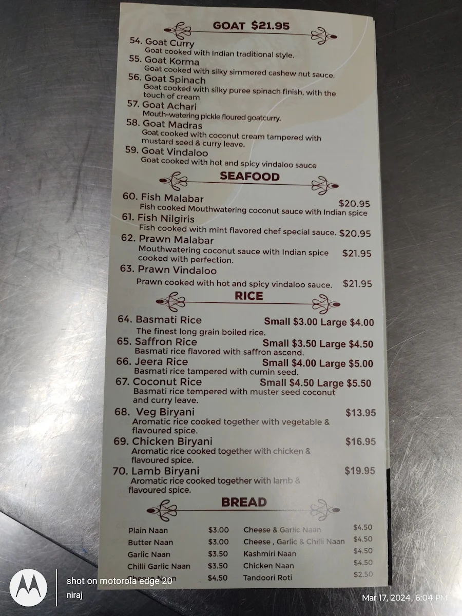 Menu, Bukhara Indian Tandoori Restaurant