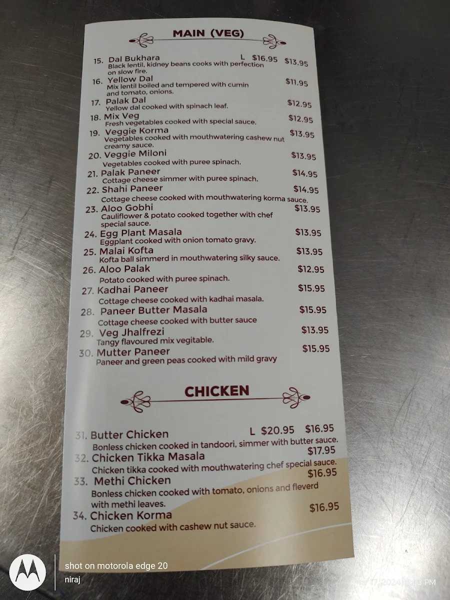 Menu, Bukhara Indian Tandoori Restaurant
