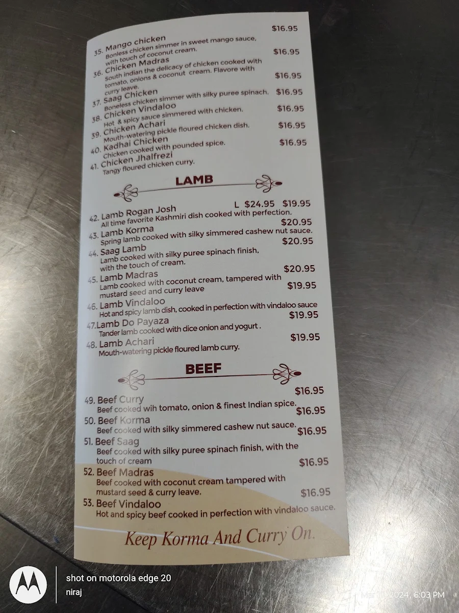Menu, Bukhara Indian Tandoori Restaurant
