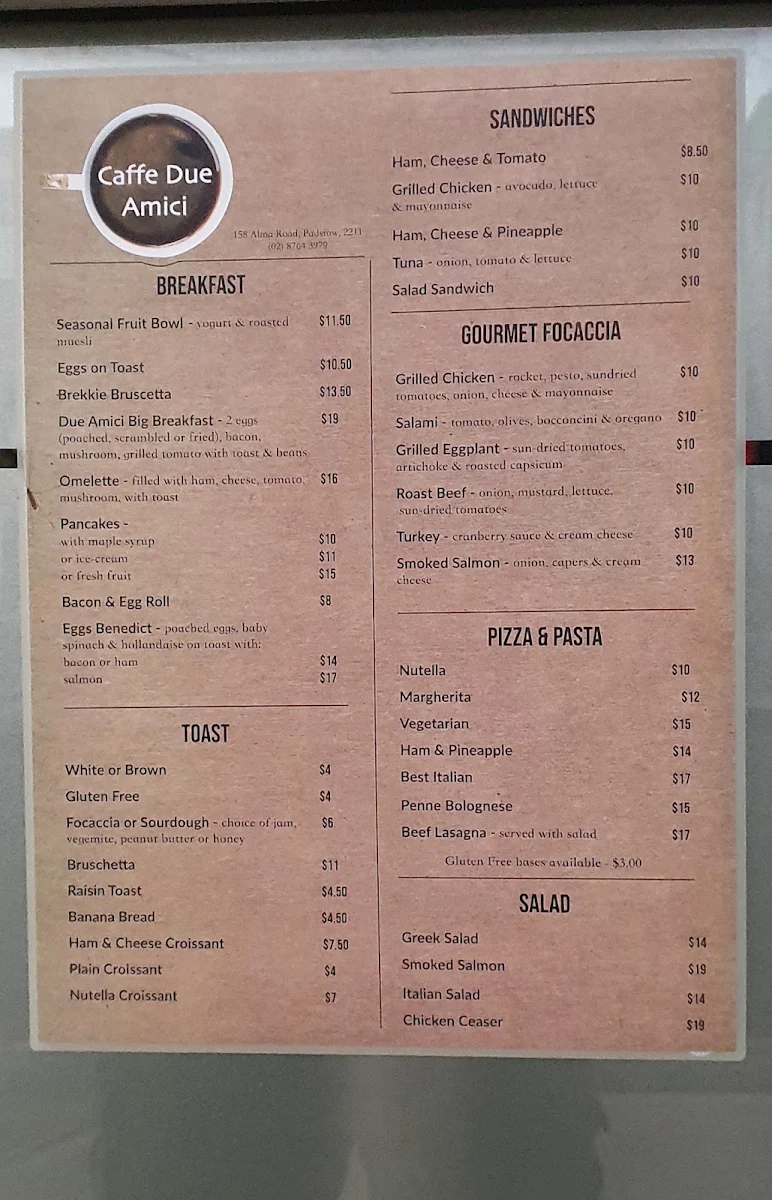 Menu, Caffe Due Amici