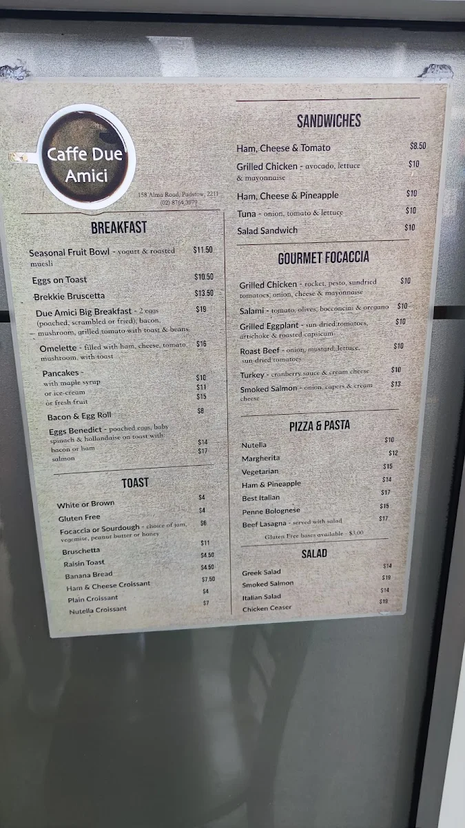 Menu, Caffe Due Amici