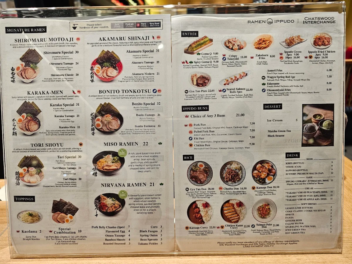 Menu, Ramen IPPUDO Chatswood