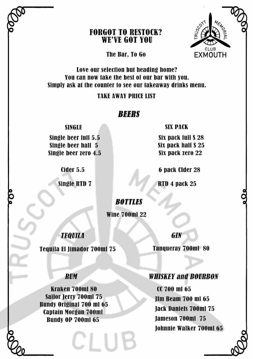 Menu, Trussy Restaurant/Bar