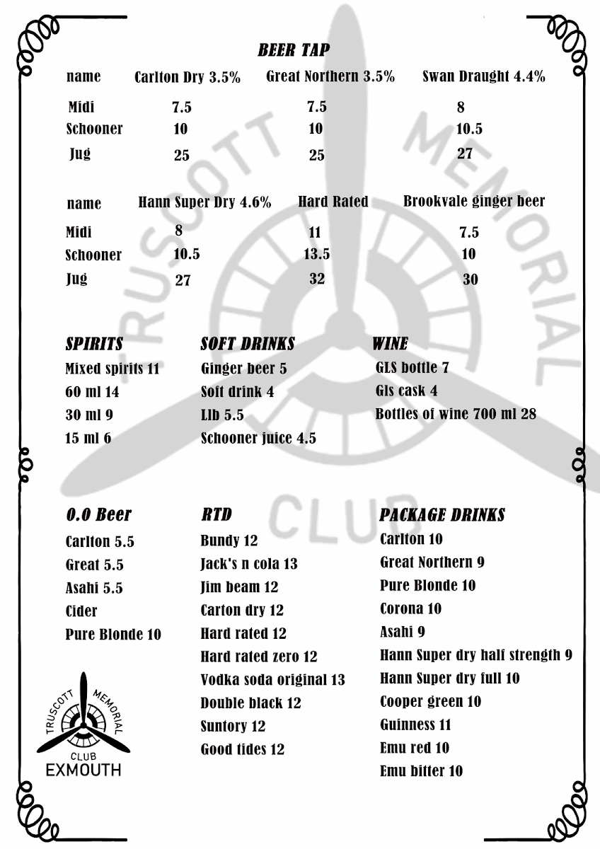 Menu, Trussy Restaurant/Bar