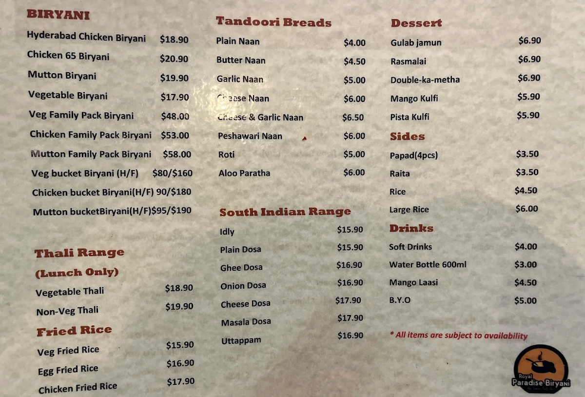 Menu, ROYAL PARADISE BIRYANI