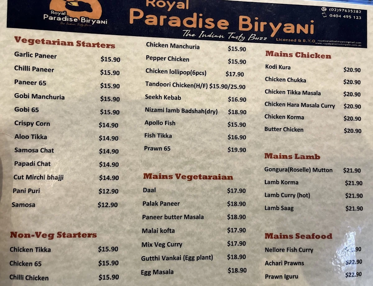 Menu, ROYAL PARADISE BIRYANI