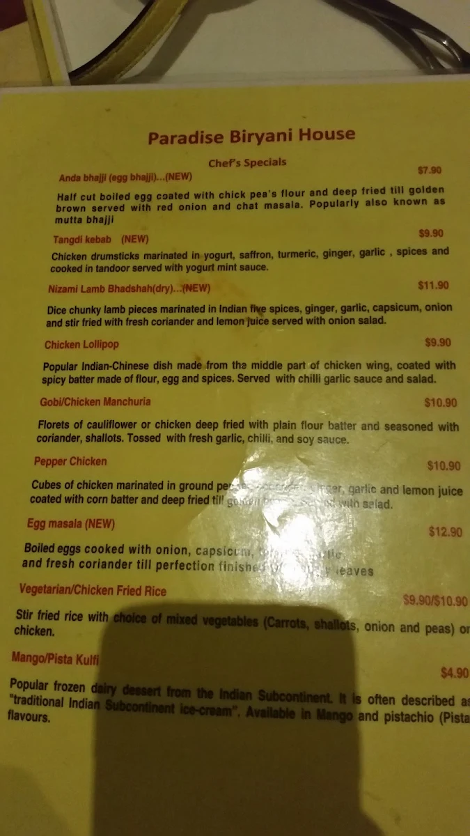 Menu, ROYAL PARADISE BIRYANI