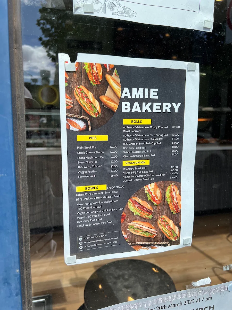 Menu, Amie Bakery Moonee Ponds